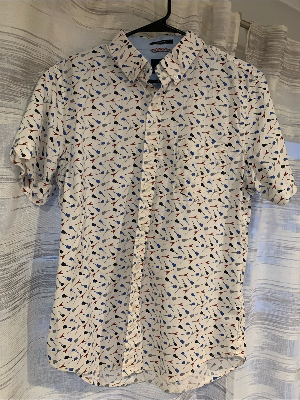 Ben Sherman Short-Sleeve Button-Down with Red, Blue, Grey Guitar Pattern - Med